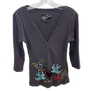 Soul Revival Gray Embroidered Thermal V-Neck Retro Bird Floral Y2K - Size Medium